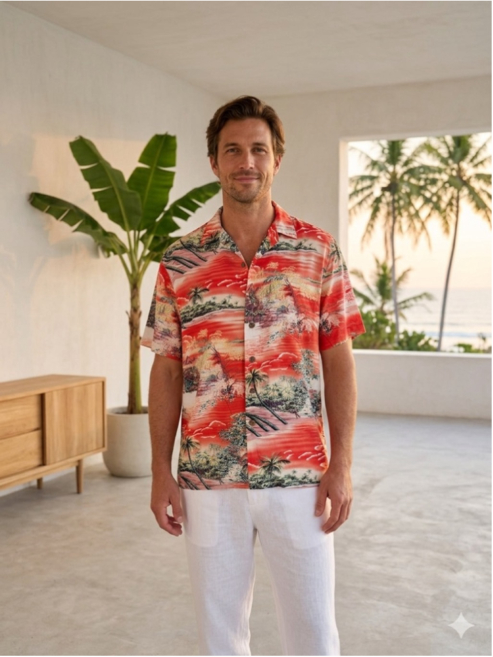 KALAHEO Hawaiian Shirt Mens Small S Red Tropical Sunset Palm Tree Rayon USA Made